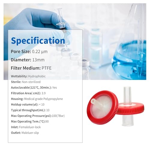 Image of Syringe Filters Hydrophobic PTFE Membrane 1000PCS, 0.22um Pore Size,13mm Disc Diameter,HPLC and GC Needle Filter, Non-Sterile, High Throughput Lab Filtration, Barreled Packed