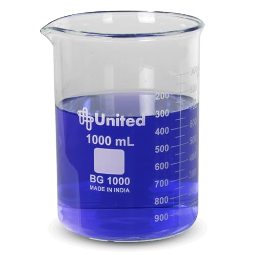 United Scientific™ (1,000mL) 1 Liter Beaker - Low Form Griffin, Double Scale Graduation, 3.3 Borosilicate Glass Beaker with Pour Spout, Beaded Rim and Autoclavable, 1 Each