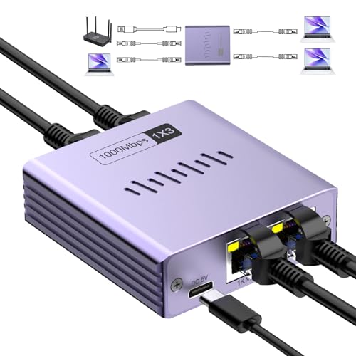 Ethernet-Splitter 1 bis 3 1000Mbps Hochgeschwindigkeits-Gigabit-Ethernet-Switch Internet-Splitter LAN-Splitter Netzwerk-Switch mit USB-C-Stromkabel für Computer, Hubs, Switch, Router, Digital-TV, etc