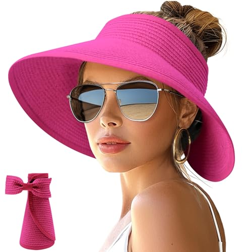 Image of NPJY Sun Hats for Women Wide Brim Roll-Up Beach Ponytail Hat Packable Foldable Travel Straw Visor