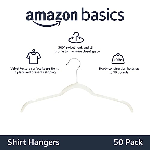 Amazon Basics Kleiderbügel für Hemd/Kleid, mit Samt überzogen, 50er-Pack, Elfenbein – Ansicht 2
