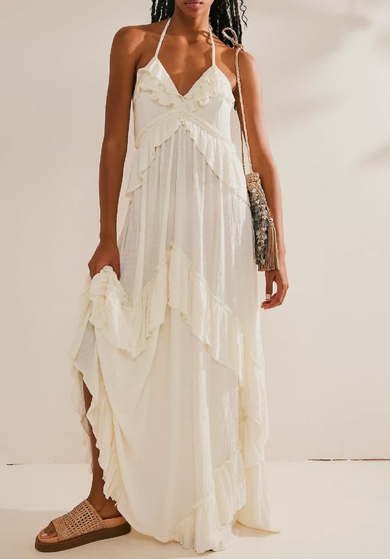 NUFIWI Sexy V Neck Backless Asymmetrical Ruffle Maxi Dress Halter Neck Sleeveless Long Dress Cutout Flowy Tiered Sundresses3