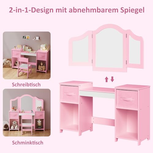 Clevich 2 in 1 Schminktisch Kinder mit Abnehmbarem Spiegel & Hocker, Prinzessin Frisiertisch mit Aufbewahrungsbox, Schreibtisch aus Holz für Mädchen und Jungen, Rosa-Weiß