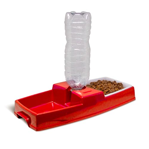 Comedouro e Bebedouro 2 em 1 para Cães, Suporte para Garrafa PET com Prato de Ração, Vermelho