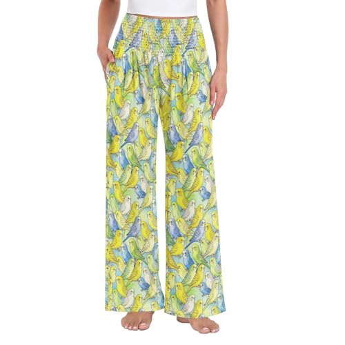 Pantalon de travail fluide perruches oiseaux pour femme à jambes larges