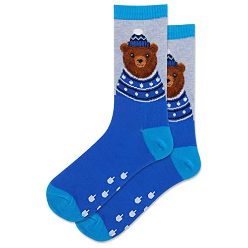 Image of Hot Sox Women's Fuzzy Bear Non Skid Socks 1 Pair, Blue, Women's 9-11 Shoe