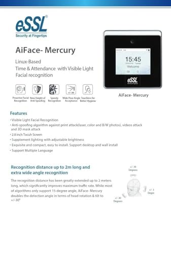 Image of eSSL Ai-Face- Mercury Biometric Time & Attendance with Access Control (WiFi, TCP /IP)