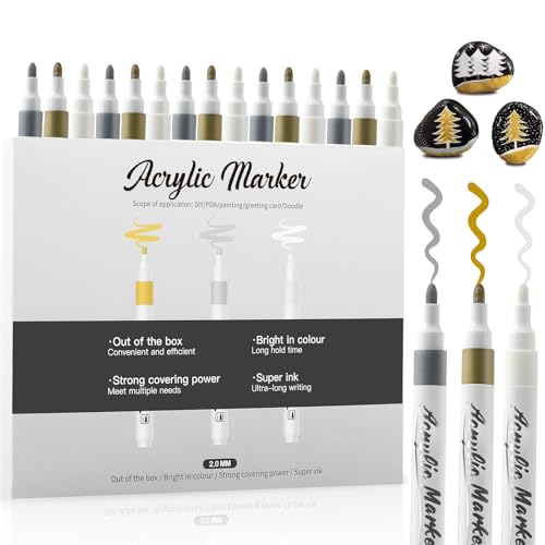 Acrylic Paint Pens Markers,15 Pack Acrylic Markers, 2-3mm Medium Tip, White Gold Silver Paint Pen for Art Projects, Drawing, Rock Painting, Ceramic, Glass, Wood, Plastic, Metal, Canvas DIY Crafts