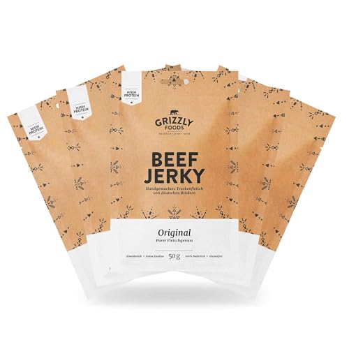 Grizzly Foods • Beef Jerky Original (5 x 50g) • Trockenfleisch Eiweiß Snacks • Rindfleisch aus Deutschland • High Protein Snack für Gym, Fitness, Outdoor, Office