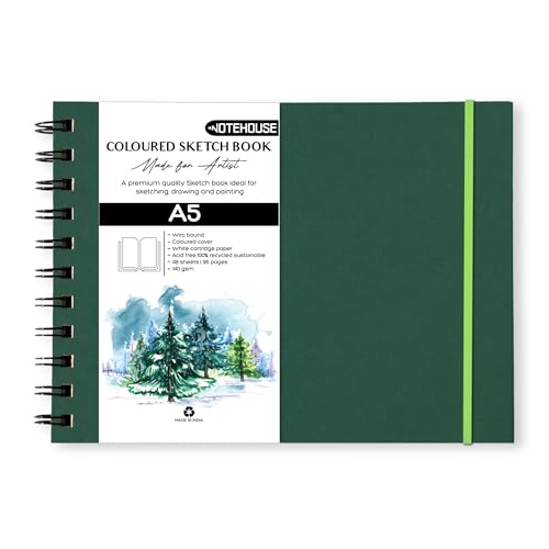 Image of NOTEHOUSE A5 Landscape Spiral Sketchbook (14x21 cm) | 96 Unruled White Thick Pages | Professional Drawing Notebook | Green Hard Cover Art Book for Artists & Students