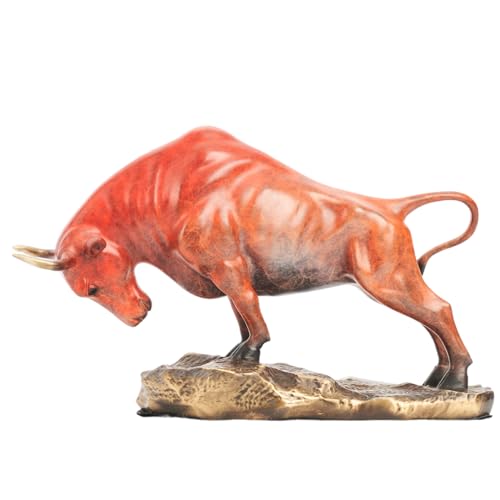 R REALONG Bronze Bull Sculpture - Pure Copper Charging Bull/Cow/Ox Figure and Statue Handmand Collectable Art Decor - Figurine for Office& Home Decorations and Gift (L:7.9in Orange)