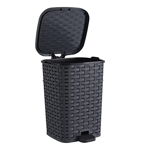 Image of Superio Mini Trash Can with Foot Pedal Small Outdoor Garbage Can with Lid, 3 Gallon Plastic Waste Basket for Bathroom, Bedroom, Kitchen, Office, Patio (Wicker Grey 12 QT.)