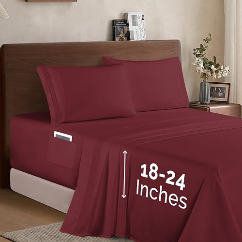 Elegant Comfort Luxury 1500 Premium Hotel Quality Microfiber 4-Piece Sheet Set - Soft, All Around Elastic 18-24 Inches Deep Fitted Sheet - Extra Deep Pocket Sheets, Twin/Twin XL, Burgundy