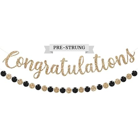 Pre-Strung Congratulations Banner - NO DIY - Gold Glitter Congratulation Banner - Pre-Strung Garland on 6 ft Strand - Graduation, Wedding, Retirement Party Decorations & Decor. Did we Mention no DIY Cover