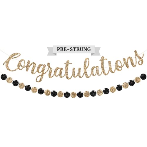Image of Pre-strung Congratulations Banner - Gold Glitter Congratulations Banner | No DIY - Pre-strung Garland on 6 ft Strands - Black & Gold Graduation, Wedding, Retirement Party Decorations & Decor