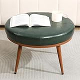 HUVIBE Green Round Ottoman Coffee Table, 24-Inch Faux Leather Cushioned Footstool with Solid Wood Bookshelf & Frame, Multifunctional Storage Ottoman for Living Room, Bedroom