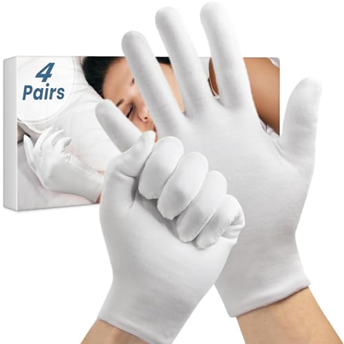 4 Pairs White Gloves Breathable Cotton Gloves for Dry Hands Sleeping Eczema Moisturizing