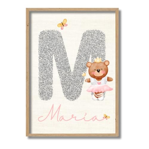 Genérico Cuadro Infantil Personalizado con Inicial y Nombre, Marco de Madera Natural, Din A4 21x29,7 cm y Din A3 29,7x42 cm Imoreso en lienzo de algodón. Diseño Osito Bailarina