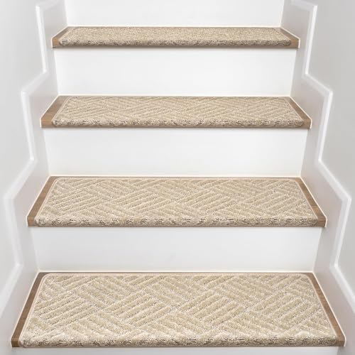 Image of YEERSWAG Bullnose Carpet Stair Treads, Stairs Carpet Non Slip 15 Pack, Stair Step Rugs 30"x9.5"x1.2", Soft, Reusable, Peel and Stick Stair Treads for Wooden Steps Indoor (Beige, Twill Pattern)