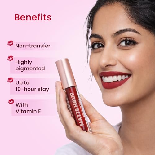 Image of Swiss Beauty Matte Hour Liquid Lipstick | Non-Transfer Formula | Highly Pigmented | Up To 10-Hour Wear | Waterproof & Smudge-Proof | Enriched with Vitamin | Shade-9. Cinnamon Sour, 4.2ml