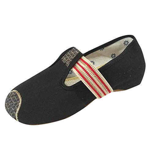 Deloito Damen Freizeit Tanzschuhe Flacher Mund Einzelschuhe Bequem Mokassins Ballerinas Weicher Boden Segeltuchschuhe Bestickte Tanz Schuhe (Schwarz-A,39 EU) Cover