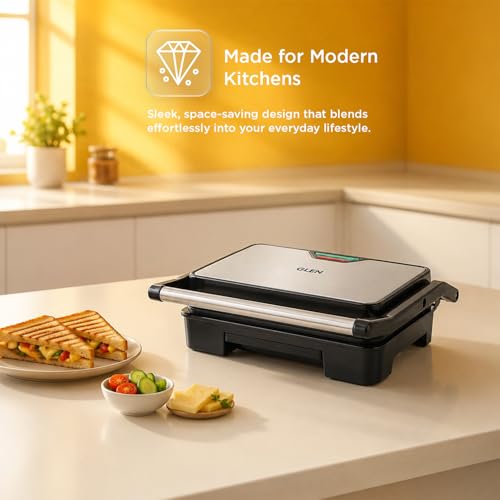 Image of Glen Press Grill Sandwich Maker | Heavy-Duty Ceramic Non-Stick Plates | PFOA & PTFE Free | Healthy Low-Oil Cooking | Non-Toxic Surface | Oil Collector Tray | Strong Safety Handle | 2-Year Warranty