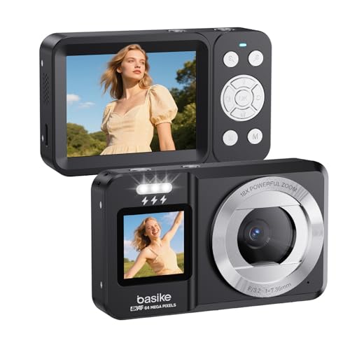 Basike Câmera Fotográfica Digital 4K UHD 64MP, Zoom 18X, Tela Dupla com Flash, Foco Automático e Função Webcam, para Iniciantes, Jovens e Viagens, Compacta, Criativa e Portátil – Preto