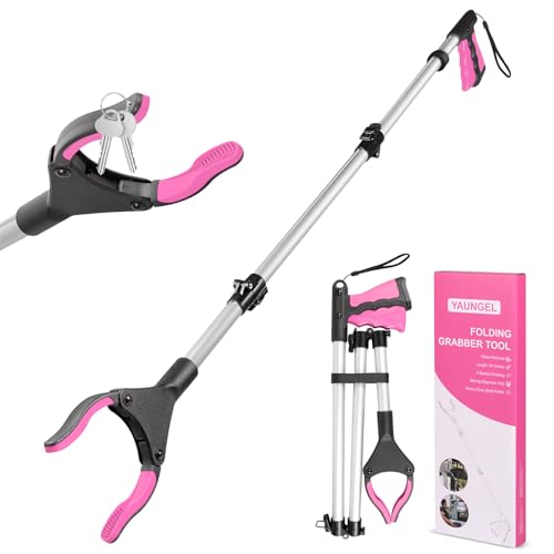 YAUNGEL 43'' Litter Pickers, Grabber Stick with Magnet, Grabber for Disabled, Extra Long Foldable Litter Pickers for Adults, 108CM Pick Up Stick Grabber with 360° Rotating Jaws Reaching Aids (Pink)
