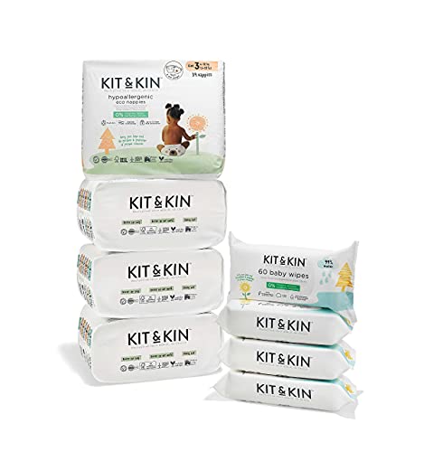 Kit & Kin Paquete de iniciación – Pañales ecológicos hipoalergénicos tamaño 3 y toallitas ecológicas para bebés (borde)