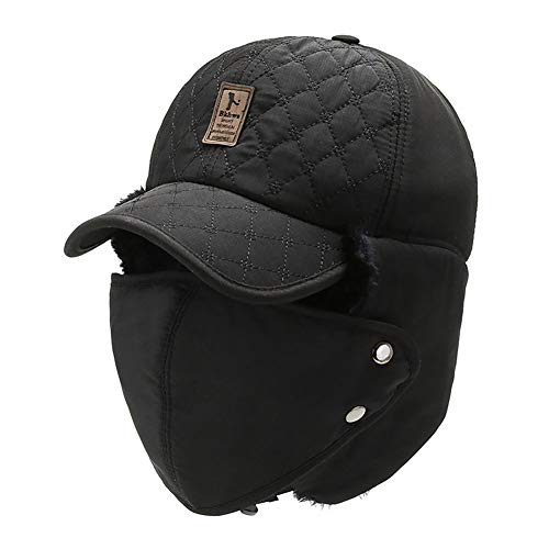 Adantico Homme Chapkas Coton Chapeau Trappeur Aviateur Hiver Casquette avec Cache Oreilles avec Masque Amovible (Noir)