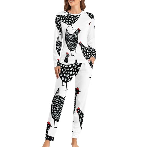 Ensemble de pyjama femme noir imprimé poulet avec t-shirt manches longues et pantalon de nuit