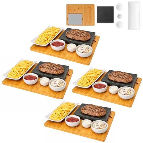Planche à steak en pierre de lave, plateau de service, planche en bambou avec grill Hot Stone, plaque de cuisson à steak, plaque en pierre, barbecue de table