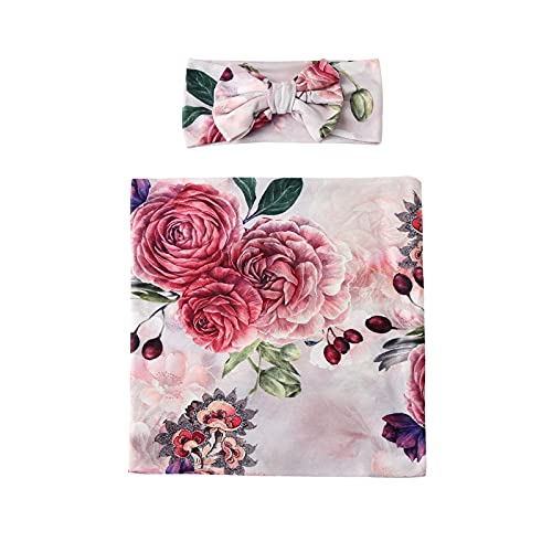 Image of Galabloomer Newborn Receiving Blanket Headband Set Baby Flower Rose Swaddle with Big Bow (Nostalgia Rose)