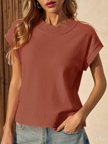 Saodimallsu Womens Cap Short Sleeve Sweater Vest Summer Casual Crew Neck Loose Knit Lightweight Pullover Tank Tops2