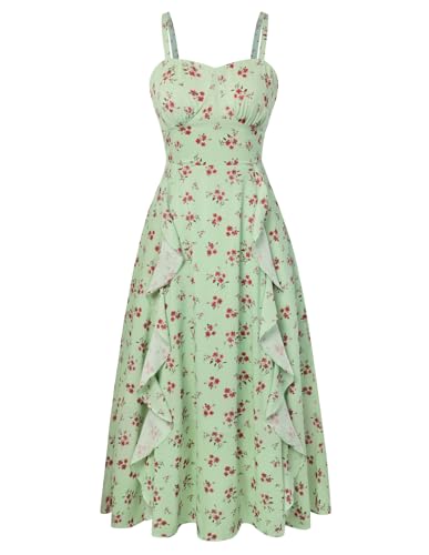 Image of Belle Poque Sun Dresses for Women Spring Summer Floral Midi Flowy Spaghetti Ruffle Wedding Guest Tea Party Dress