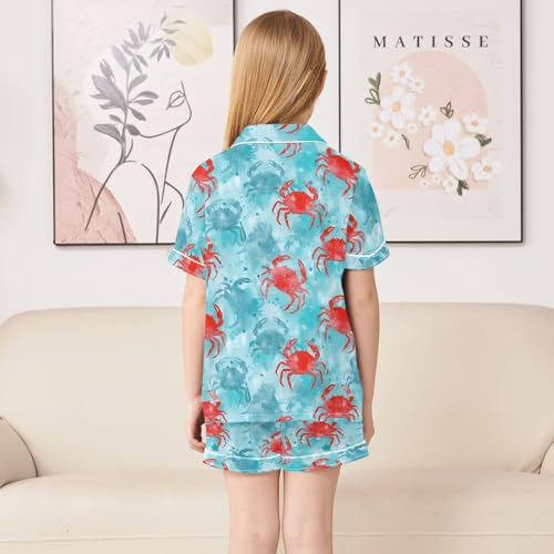 Red Crabs Pattern Summer Satin Pajama Set, Cute Button-Down Sleepwear Pj Set for Sleep Wears4