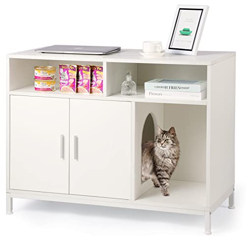 Amunrbrek Litter Box Enclosure,Cat Litter Box Furniture Hidden,Large Cat Washroom With Doors,Modern Hidden Litter Box Cabinet White #TOP19