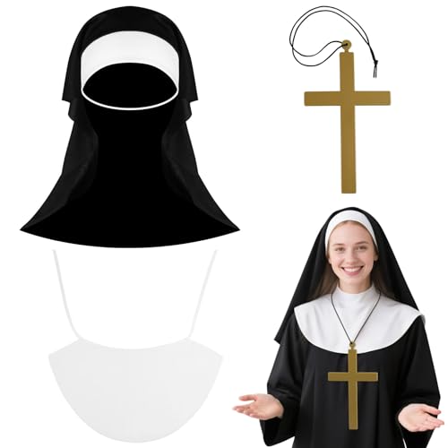 Aomig Disfarce de Mongesa para Mulher, Vestido de Mongesa para Mulher Adulto, Roupa de Fantasia com Chapéu e Colar com uma Cruz, Disfarce de Cosplay para Festa de Halloween, Carnaval, Tamanho único
