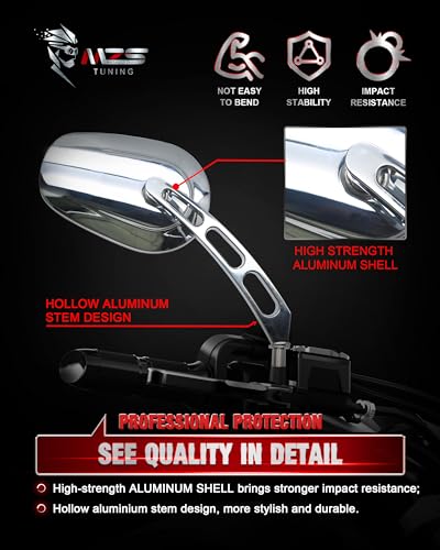 Image of MZS Motorcycle Mirrors Chrome, M8 Heavy Duty Motorbike Rear View Mirror Side Accessories Hollow Rod Compatible with Sportster Road King Street Glide Electra Dyna Softail Ultra Vrod
