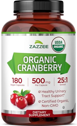 Zazzee USDA Organic Cranberry 25:1 Extract 500 mg per Capsule 180 Vegan Capsules 6 Month Supply Certified Kosher Vaccinium Macrocarpon Bladder Support Non-GMO Made in the USA