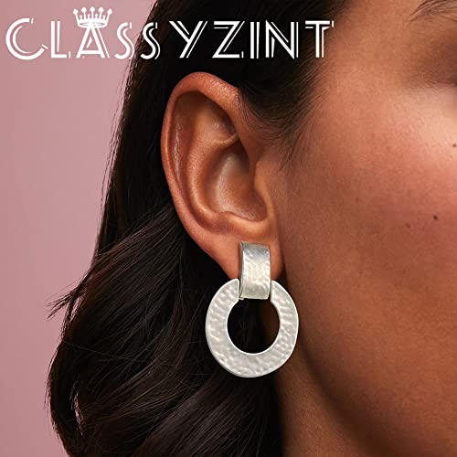 Classyzint Matte Silver Clip On Earrings For Women Handmade Hammered Metal Statement Geometric Drop Dangle Earrings Silver Statement Earrings #TOP2