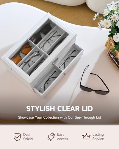 Image of CO-Z Sunglasses Organizer with 12 Slots, Leather Eyeglasses Storage Box for Women Men, 2 Story Lockable Display Case for Multiple Glasses, Sunglasses Jewelry Collection Holder with Drawer, White