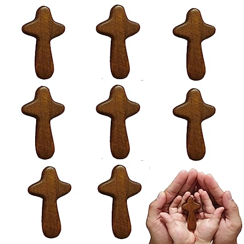EAEDMY 8 Pieces Small Wooden Crosses for Pocket, Portable Pine Hand Held Cross Craft, Jesus Cross Prayer Cross for Religious Occasion or Communion, 2.44in (8pcs brown)