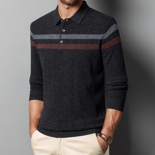 Men's 100% Wool Ribbed Knit Sweater Casual Long Sleeve Polo Sweater Collared Solid Pullover Tops4
