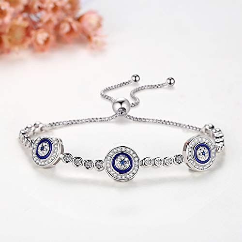 Blue Evil Eyes Tennis Bracelet Sterling Silver 925 Cubic Zirconia Chain Adjustable 5"-10" for Women4