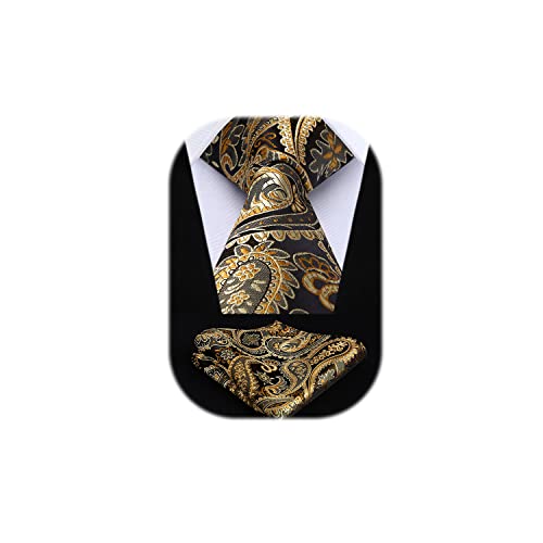 HISDERN Cravatte da uomo Paisley Floral Oro Nero Cravatte Fazzoletto Cravatta da sposa Formale Elegante Cravatta uomo & Pocket Square Set