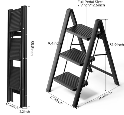 Image of SOLADDER 3 Step Ladder, Folding Step Stool, Lightweight Stepladder, Black