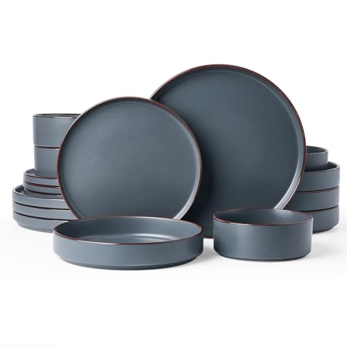 Image of Famiware Nebula Ridge Stoneware Dinnerware Sets with Pasta Bowls, Plates and Bowls Sets, Service for 4 (16 Pieces), Microwave and Dishwasher Safe Kitchen Plates, Charcoal