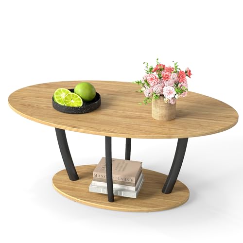 Manora Mesa de Centro Ovalada, Mesa Auxiliar Qequeña con Estantes de Almacenamiento,Mesas Bajas de Salon industrial rústica de granja para Sala de Estar, Oficina o Dormitorio, 100 x 55 x 42cm, Natural