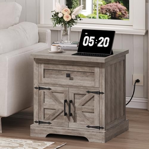 MAHANCRIS Farmhouse End Table with Charging Station, 23.6" Large End